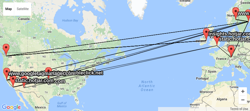 map of combined traces for URLs used by www.stortinget.no using GeoIP