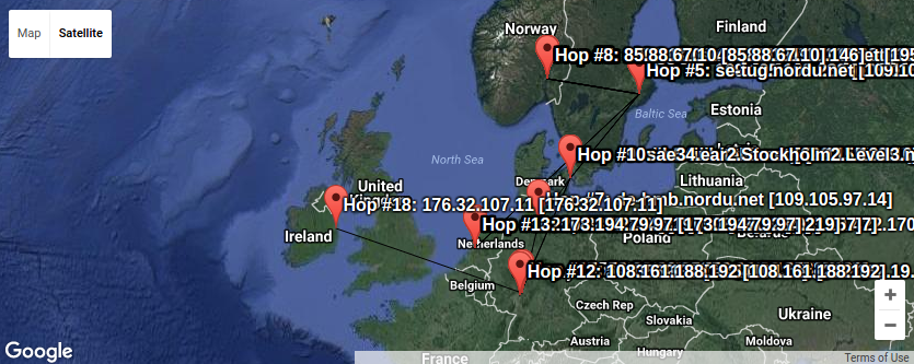 map of combined traces for URLs used by www.stortinget.no using geotraceroute